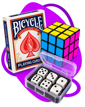 Playing cards, a Rubik�s Cube, and dice in a clear case