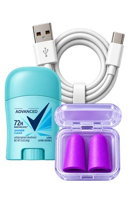 Practical vending items including a cable, deodorant, and earplugs